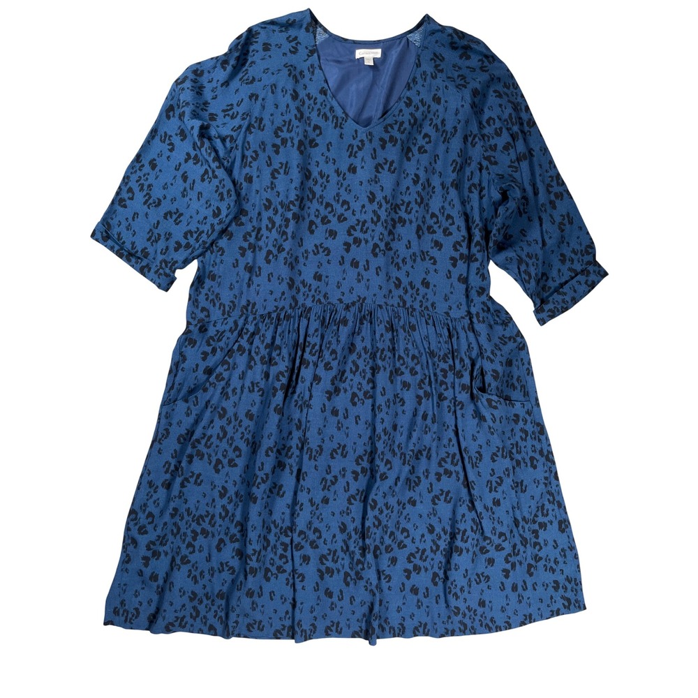 Garnet Hill Dress Women 18 Blue Leopard Print Drop‎ Waist V-Neck Pockets Classic